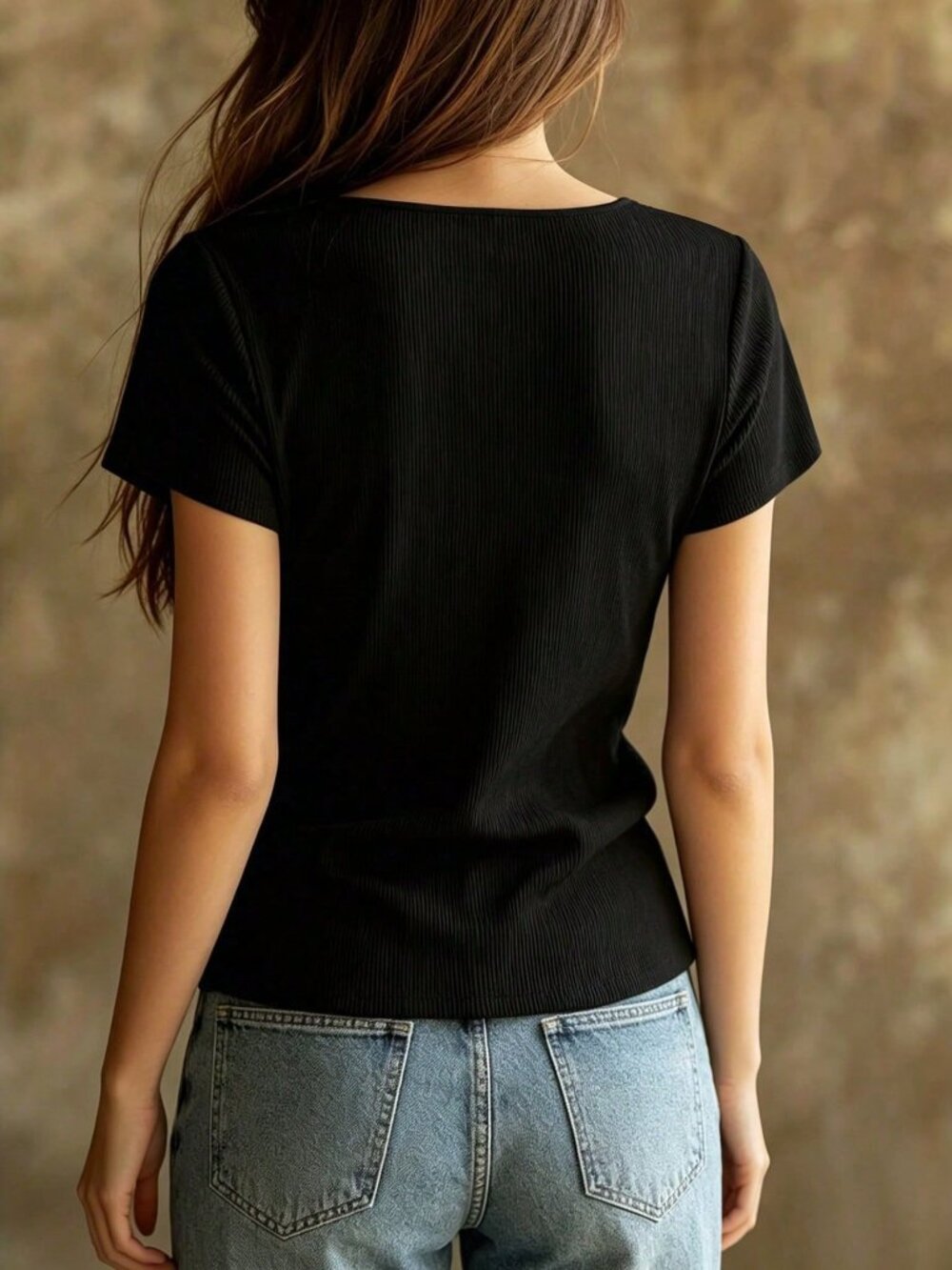 Black Casual Women's Contrast Mesh V-Neck Slim Fit Regular Sleeve T-Shirt - Picture 2 of 5